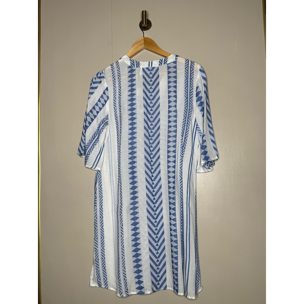 Goa Beachwear by Japna Blue White Geometric Tribal Print Shift Dress XS Rayon - Picture 6 of 8